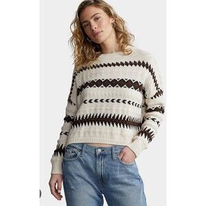 NWT $298 Polo Ralph Lauren Multi Preppy Ivory Textured Aztec Crop Boxy Sweater M